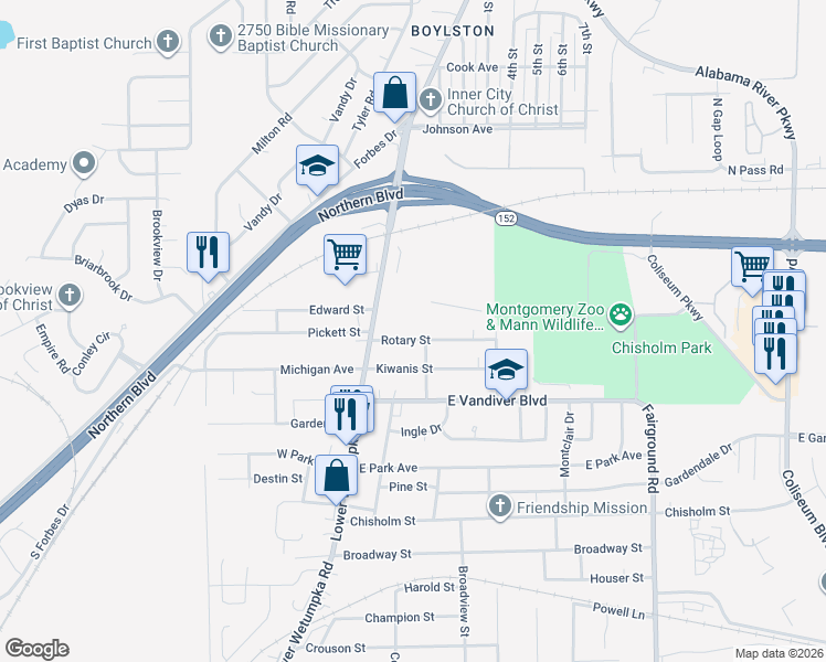 map of restaurants, bars, coffee shops, grocery stores, and more near 14 Rotary Street in Montgomery