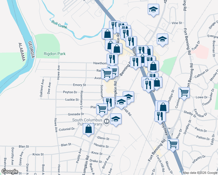 map of restaurants, bars, coffee shops, grocery stores, and more near 1807 S Lumpkin Rd in Columbus