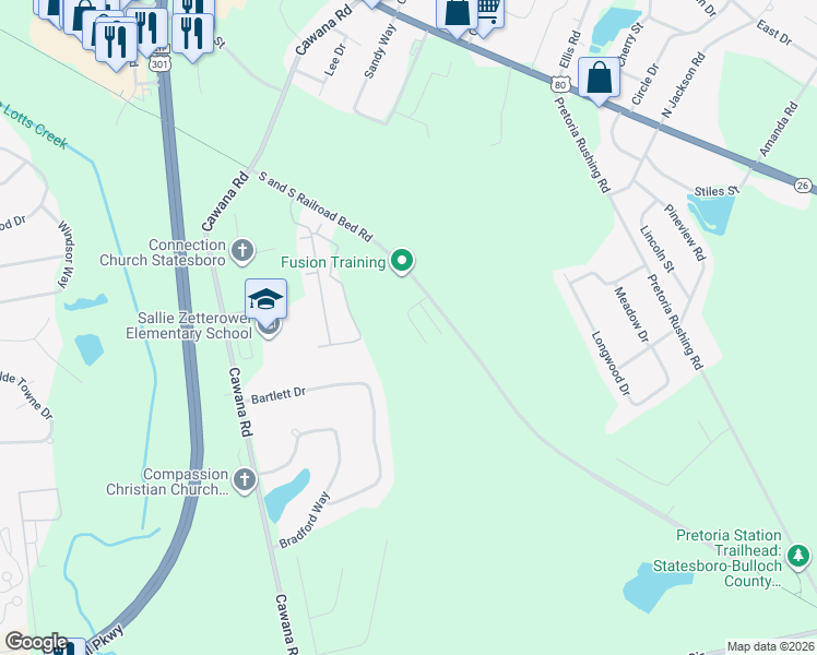 map of restaurants, bars, coffee shops, grocery stores, and more near S.S. Railroad Bed Road in Statesboro