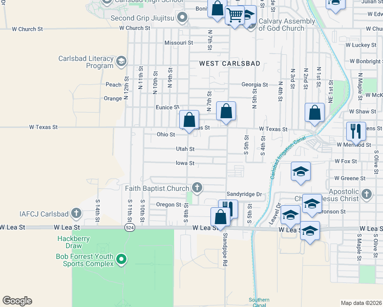 map of restaurants, bars, coffee shops, grocery stores, and more near 208-298 South 8th Street in Carlsbad