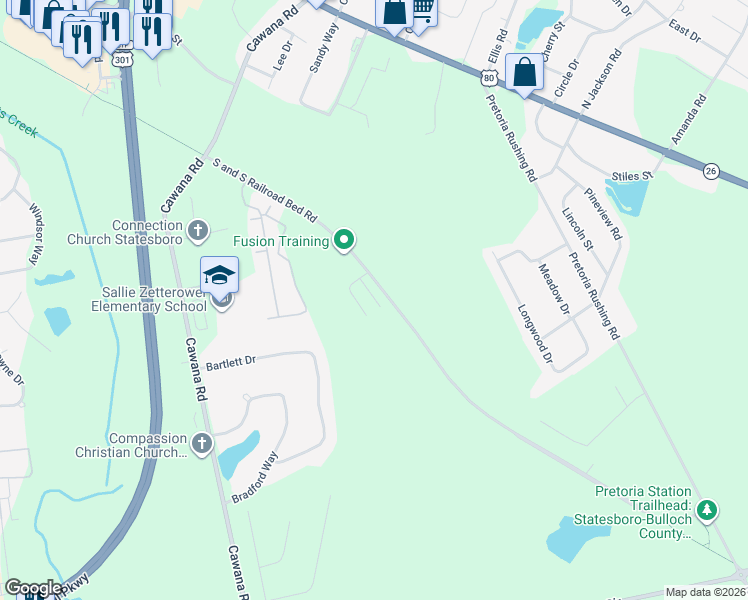 map of restaurants, bars, coffee shops, grocery stores, and more near S.S. Railroad Bed Road in Statesboro