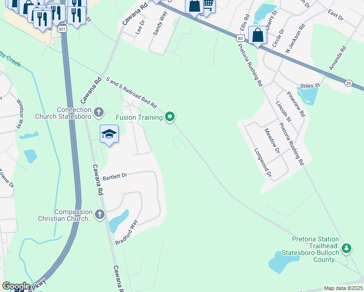 map of restaurants, bars, coffee shops, grocery stores, and more near S.S. Railroad Bed Road in Statesboro
