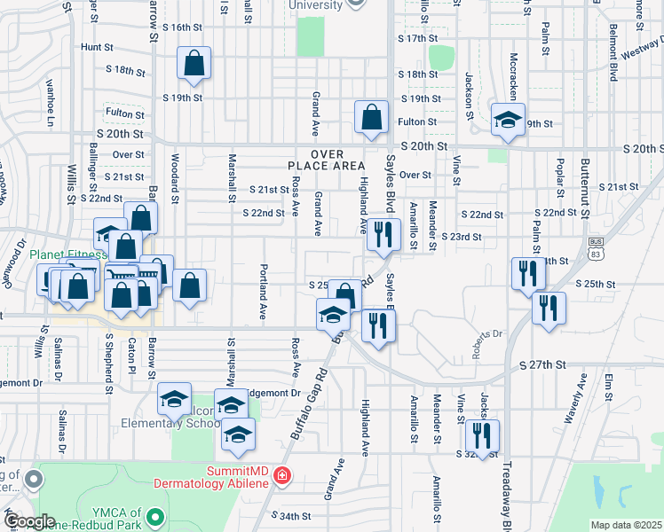 map of restaurants, bars, coffee shops, grocery stores, and more near 2400 Buffalo Gap Road in Abilene