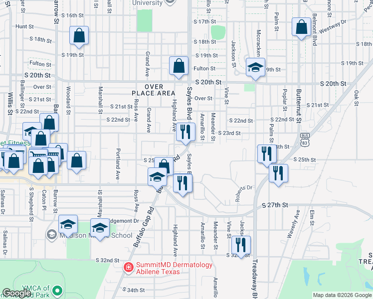 map of restaurants, bars, coffee shops, grocery stores, and more near 2402 Buffalo Gap Road in Abilene
