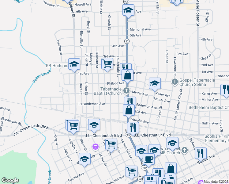 map of restaurants, bars, coffee shops, grocery stores, and more near 1421 Lauderdale Street in Selma