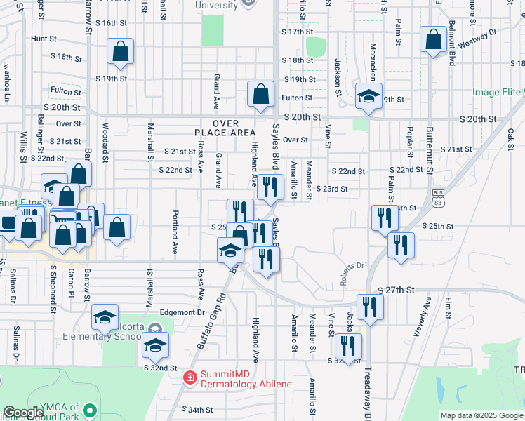 map of restaurants, bars, coffee shops, grocery stores, and more near 2424 Buffalo Gap Road in Abilene