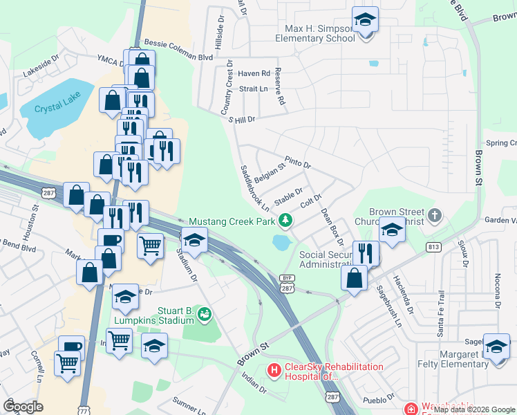map of restaurants, bars, coffee shops, grocery stores, and more near 227 Saddlebrook Lane in Waxahachie