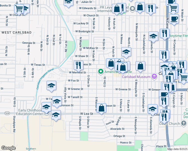 map of restaurants, bars, coffee shops, grocery stores, and more near 105 South Walnut Street in Carlsbad