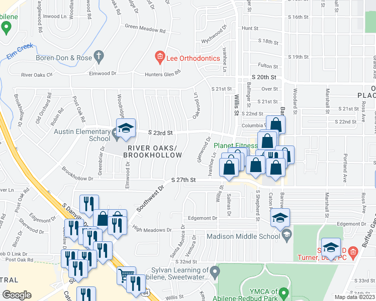 map of restaurants, bars, coffee shops, grocery stores, and more near 2401 Hollis Drive in Abilene