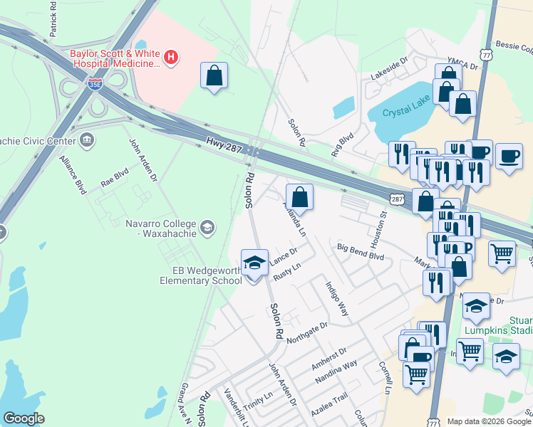map of restaurants, bars, coffee shops, grocery stores, and more near 1000 Solon Place Way in Waxahachie