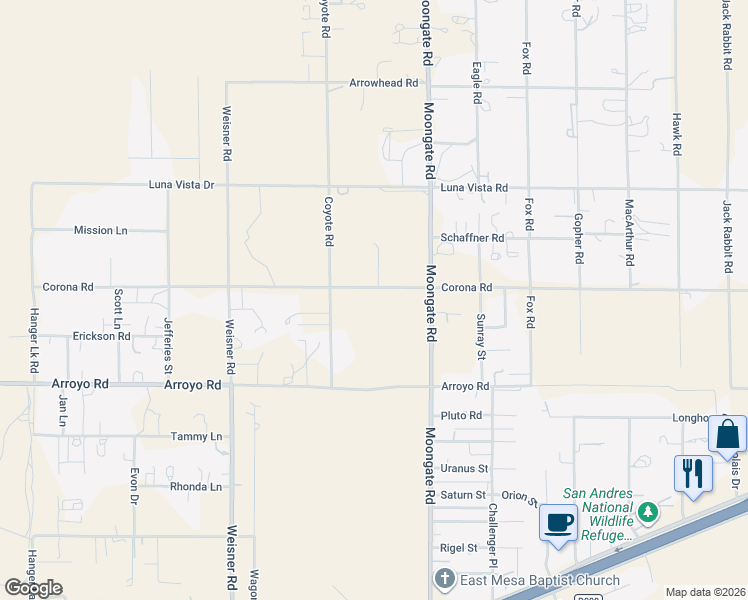 map of restaurants, bars, coffee shops, grocery stores, and more near 6580 Coyote Road in Las Cruces