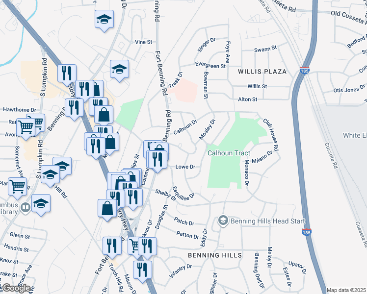 map of restaurants, bars, coffee shops, grocery stores, and more near 64 Muscogee Drive in Columbus