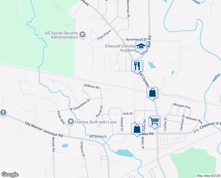 map of restaurants, bars, coffee shops, grocery stores, and more near 38 Wilkins Road in Selma