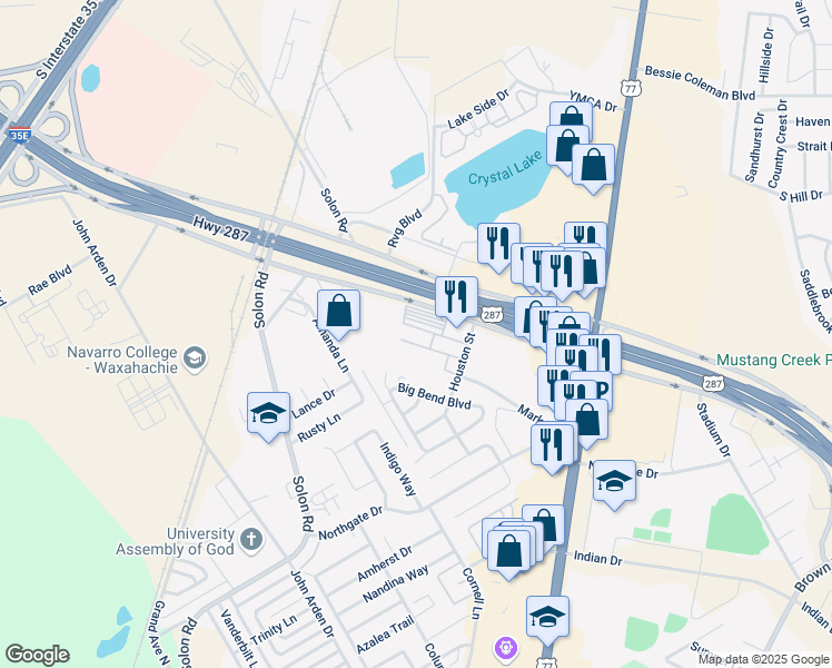 map of restaurants, bars, coffee shops, grocery stores, and more near 501 Houston Street in Waxahachie