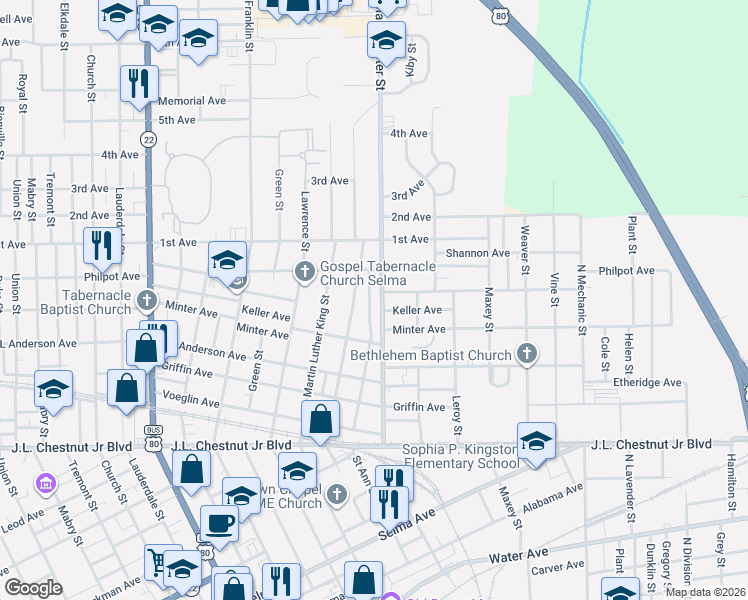 map of restaurants, bars, coffee shops, grocery stores, and more near 1517 Saint Ann Street in Selma