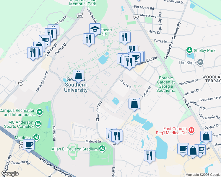 map of restaurants, bars, coffee shops, grocery stores, and more near Chandler Road in Statesboro