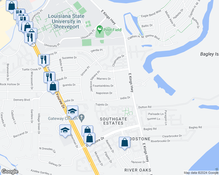 map of restaurants, bars, coffee shops, grocery stores, and more near 107 Fountainbleu Drive in Shreveport