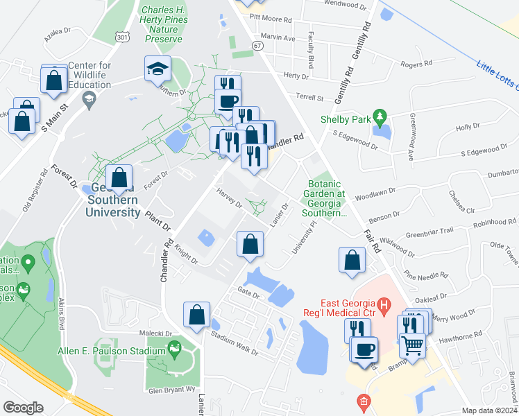 map of restaurants, bars, coffee shops, grocery stores, and more near 410 Georgia Avenue in Statesboro