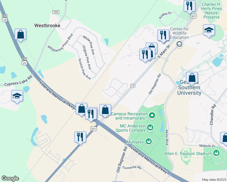 map of restaurants, bars, coffee shops, grocery stores, and more near 831 South Main Street in Statesboro