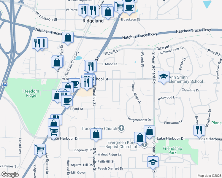 map of restaurants, bars, coffee shops, grocery stores, and more near 331 Southridge Drive in Ridgeland