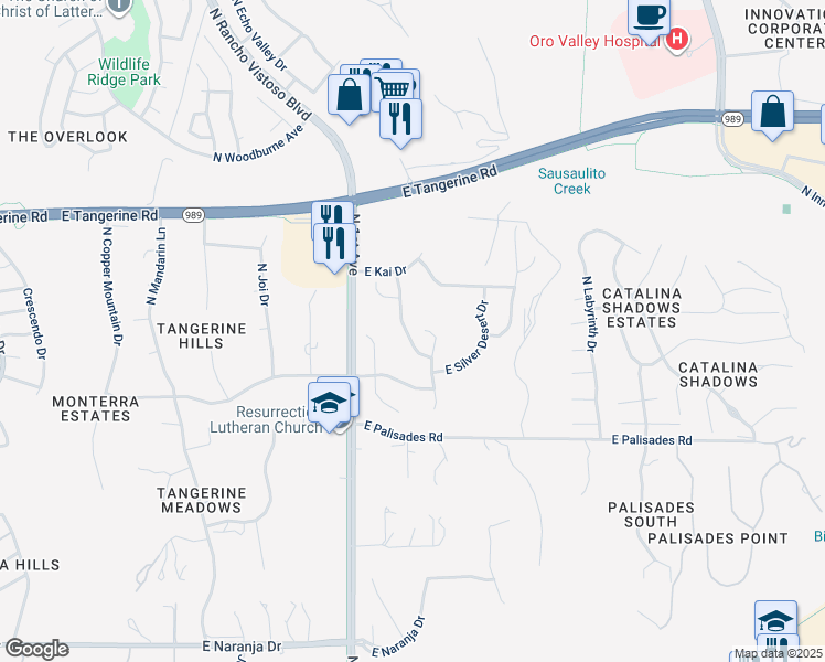 map of restaurants, bars, coffee shops, grocery stores, and more near 11771 North Silverscape Drive in Oro Valley