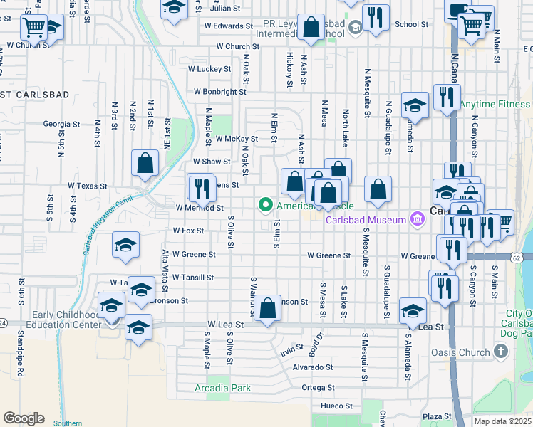map of restaurants, bars, coffee shops, grocery stores, and more near 150 South Elm Street in Carlsbad