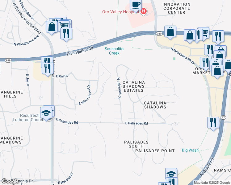 map of restaurants, bars, coffee shops, grocery stores, and more near 1340 East Starship Place in Tucson