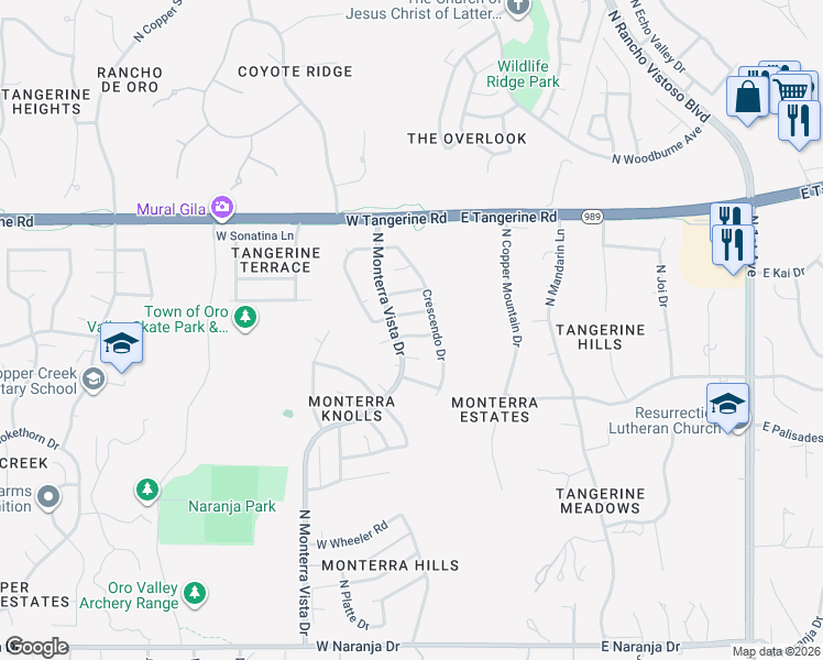 map of restaurants, bars, coffee shops, grocery stores, and more near 308 West La Veta Court in Tucson