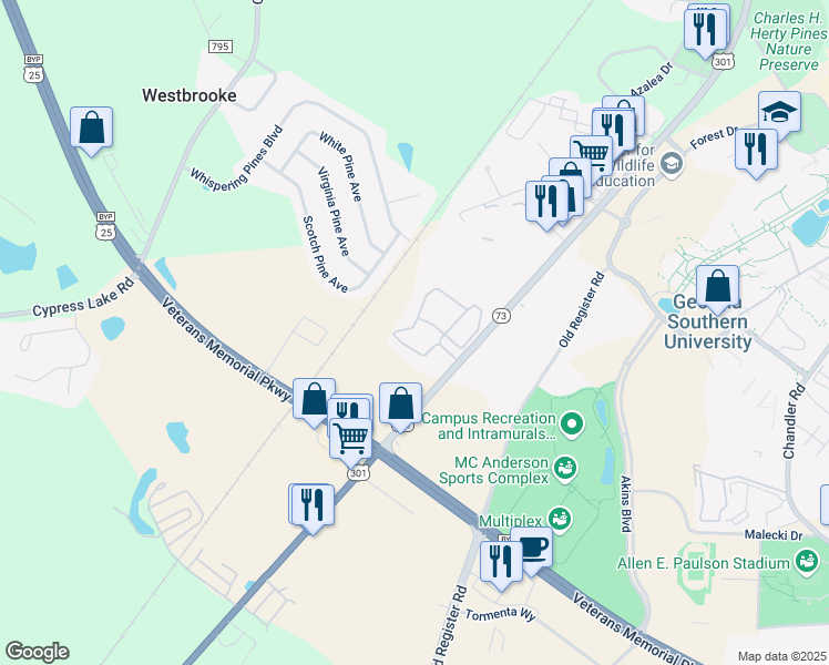 map of restaurants, bars, coffee shops, grocery stores, and more near 831 South Main Street in Statesboro