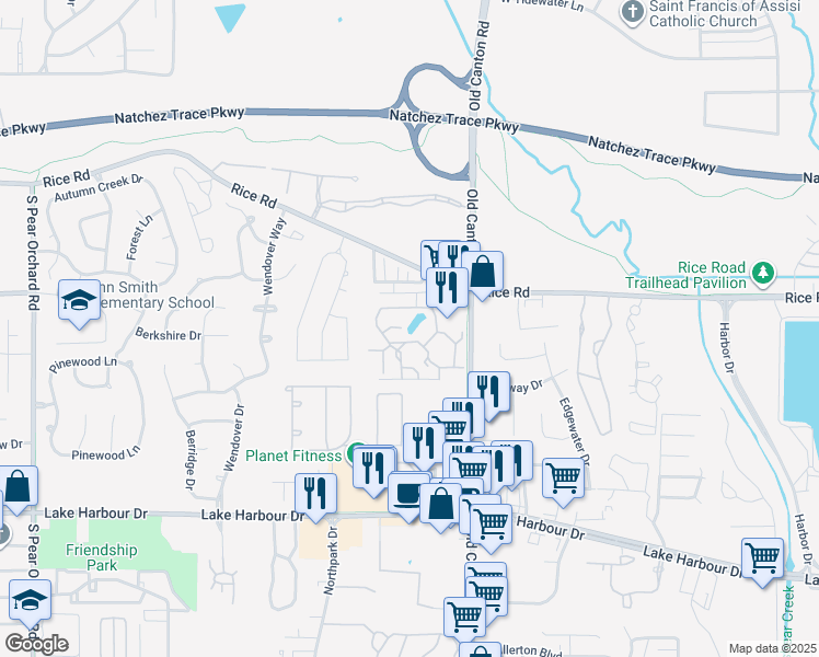 map of restaurants, bars, coffee shops, grocery stores, and more near 715 Rice Road in Ridgeland