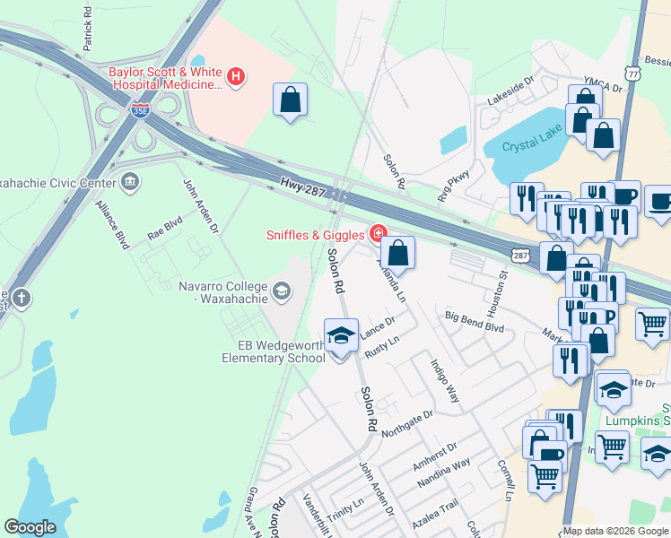 map of restaurants, bars, coffee shops, grocery stores, and more near in Waxahachie