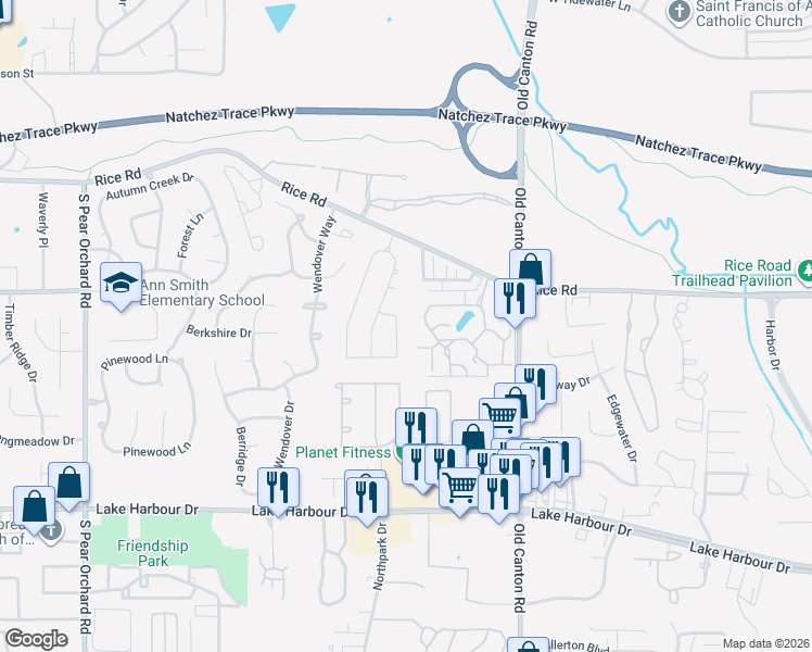 map of restaurants, bars, coffee shops, grocery stores, and more near 614 Sawpine Lane in Ridgeland
