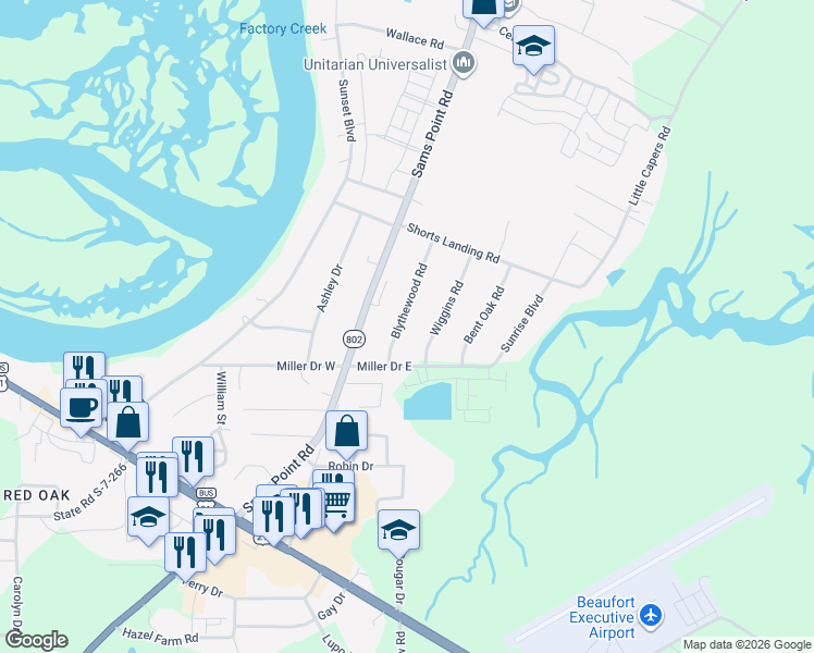 map of restaurants, bars, coffee shops, grocery stores, and more near 3 Wiggins Road in Beaufort
