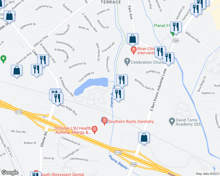 map of restaurants, bars, coffee shops, grocery stores, and more near 8917 Glenmora Drive in Shreveport