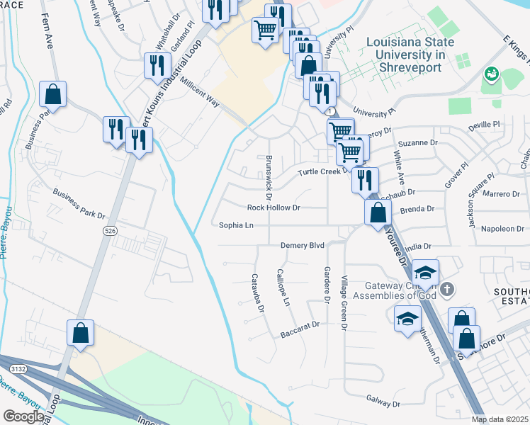 map of restaurants, bars, coffee shops, grocery stores, and more near 601 Rock Hollow Drive in Shreveport