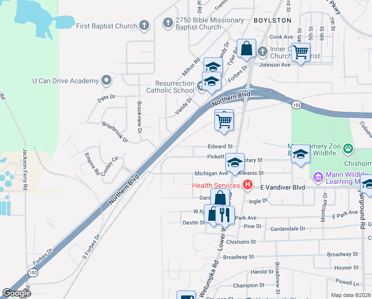 map of restaurants, bars, coffee shops, grocery stores, and more near 424 Edward Street in Montgomery