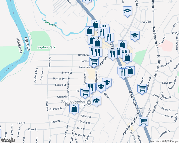 map of restaurants, bars, coffee shops, grocery stores, and more near 1807 South Lumpkin Road in Columbus