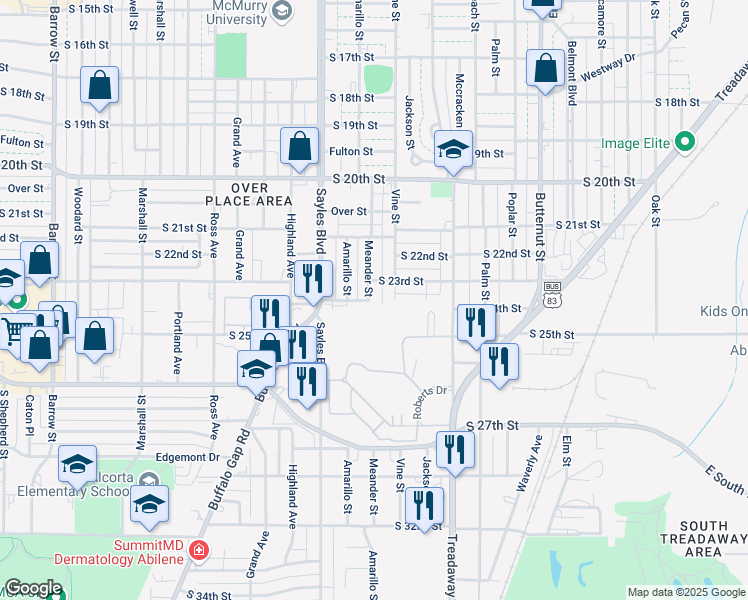 map of restaurants, bars, coffee shops, grocery stores, and more near 2333 Meander Street in Abilene