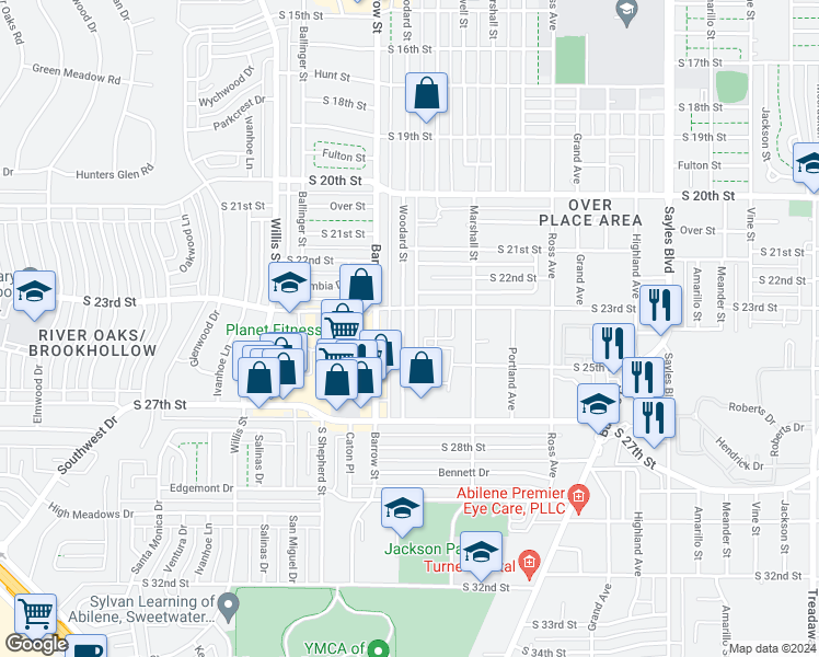 map of restaurants, bars, coffee shops, grocery stores, and more near 2325 Woodard Street in Abilene
