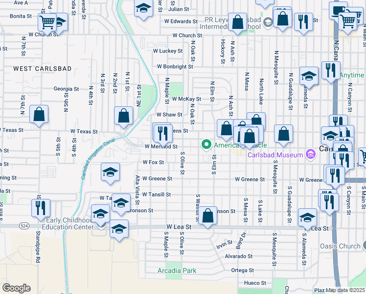 map of restaurants, bars, coffee shops, grocery stores, and more near 101 North Olive Street in Carlsbad