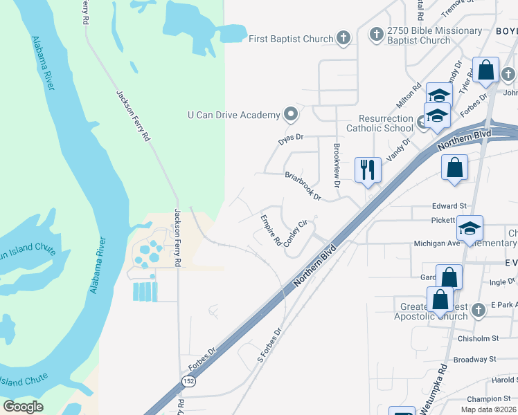 map of restaurants, bars, coffee shops, grocery stores, and more near 334 Empire Court in Montgomery