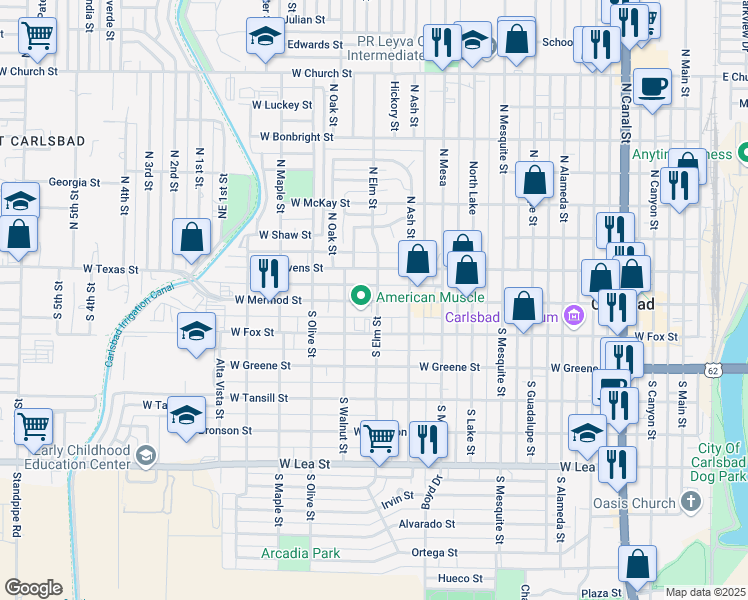 map of restaurants, bars, coffee shops, grocery stores, and more near 106 North Elm Street in Carlsbad