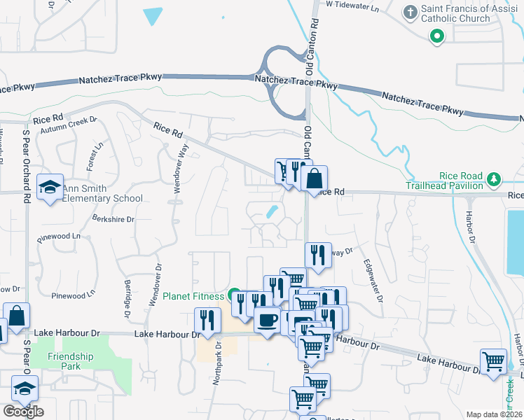 map of restaurants, bars, coffee shops, grocery stores, and more near 715 Rice Road in Ridgeland