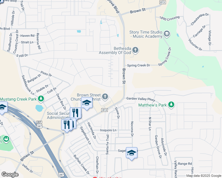 map of restaurants, bars, coffee shops, grocery stores, and more near 100 Granite Way in Waxahachie