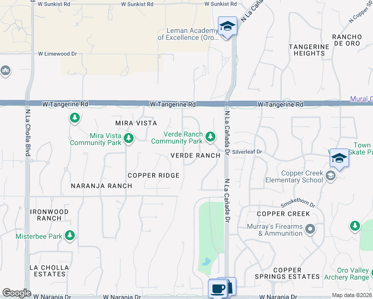 map of restaurants, bars, coffee shops, grocery stores, and more near 11847 North Mesquite Hollow Drive in Oro Valley