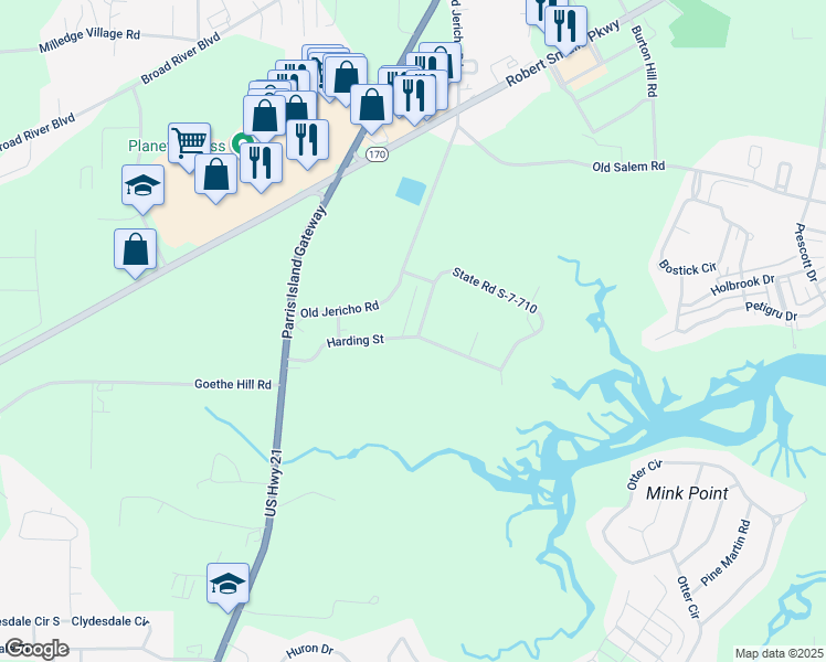 map of restaurants, bars, coffee shops, grocery stores, and more near 5 Adams Circle in Beaufort