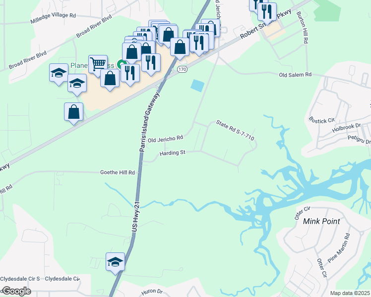 map of restaurants, bars, coffee shops, grocery stores, and more near 135 Old Jericho Road in Beaufort