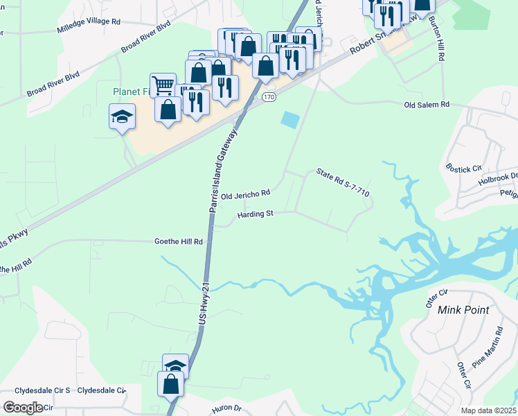 map of restaurants, bars, coffee shops, grocery stores, and more near 135 Old Jericho Road in Beaufort