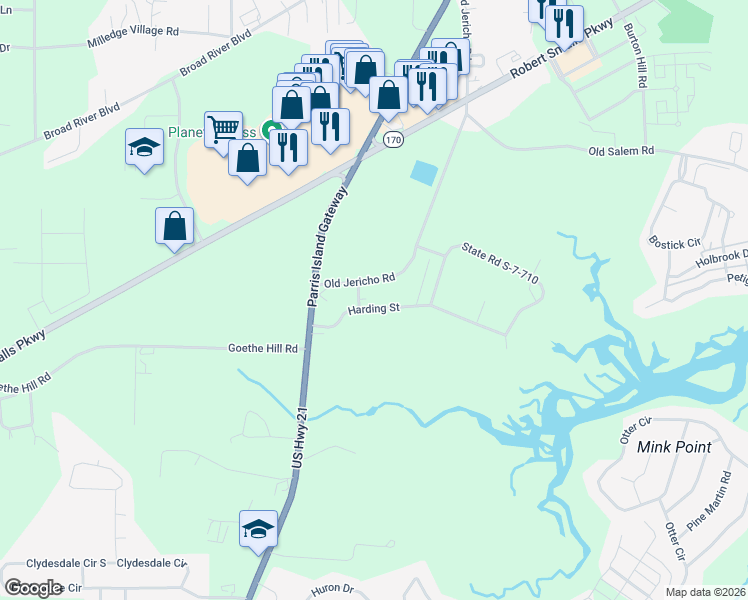 map of restaurants, bars, coffee shops, grocery stores, and more near 135 Old Jericho Road in Beaufort