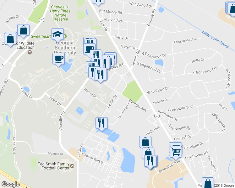 map of restaurants, bars, coffee shops, grocery stores, and more near 100 Lanier Drive in Statesboro
